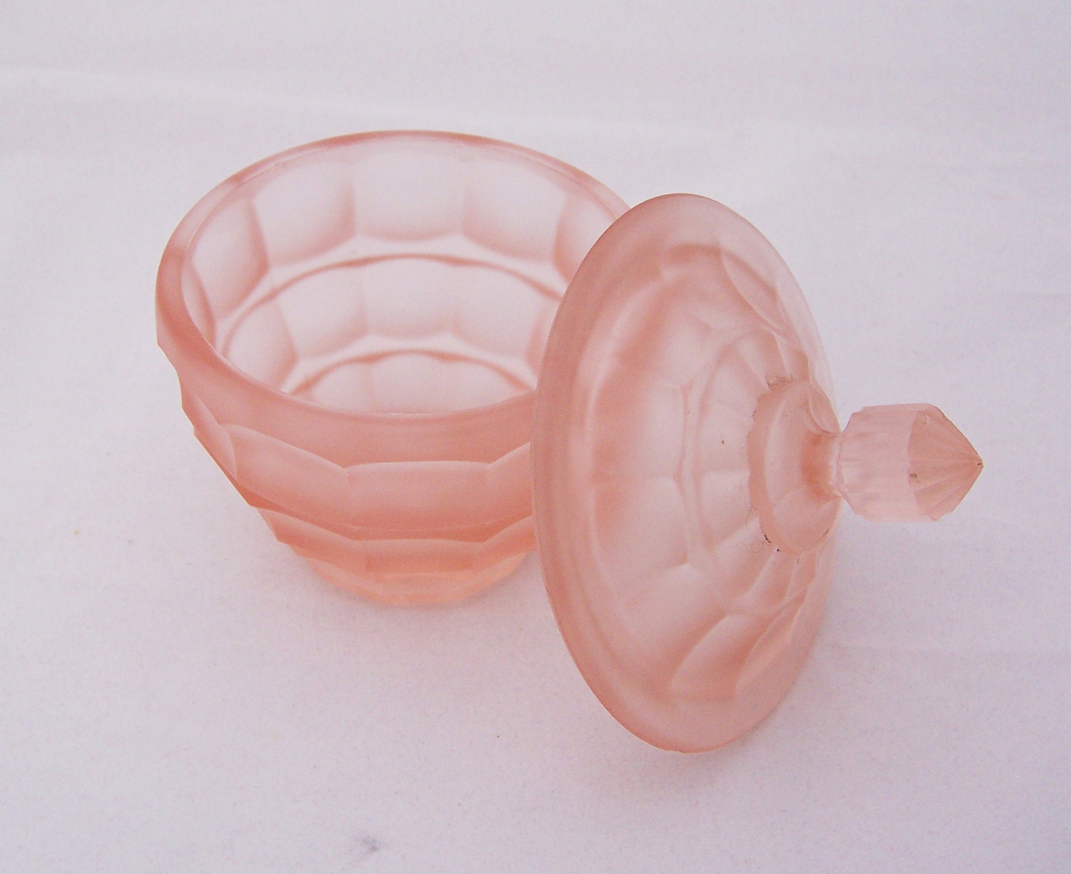 Satin Pink Glass Powder Jar, Frosted Pink Glass Bow for Dressing Table set, 1940s,1950s