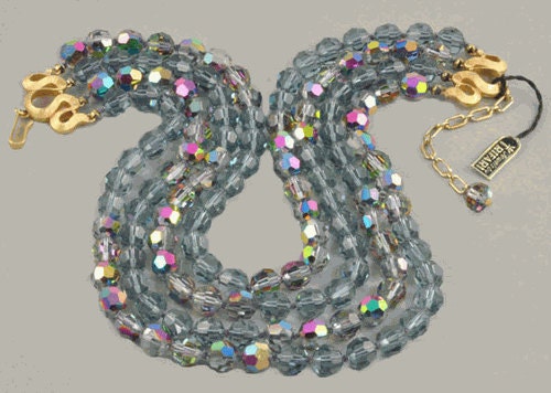 Vintage Trifari 1950s Four Strand Necklace - Blue Glass, AB Crystals - NM with Tag