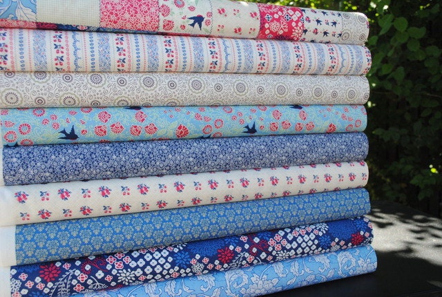 Little Yellow Bicycle for Blend Fabrics, Vintage Summer, Fat Quarter Bundle, 9 Prints, Blue