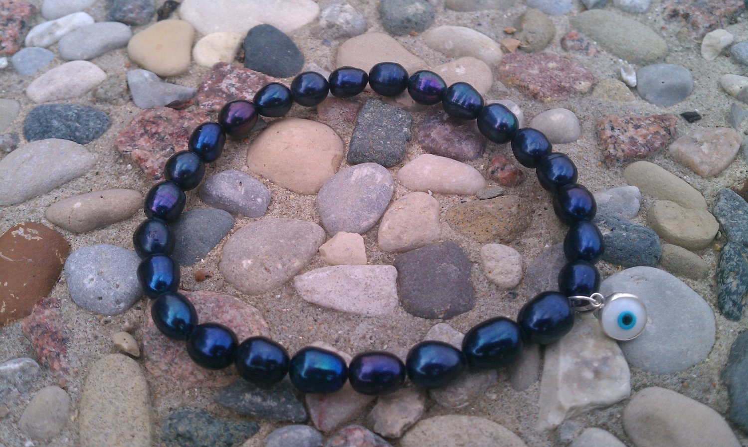 Sterling silver white evil eye charm with blue fresh water pearl gemstone beaded stretch bracelet (free shipping usa)