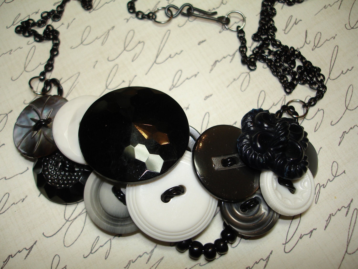 NEWSPRINT- Vintage Button Necklace -  Vintage button Jewelry -  BLACK - White - GRAY - - LilyBankButtonry