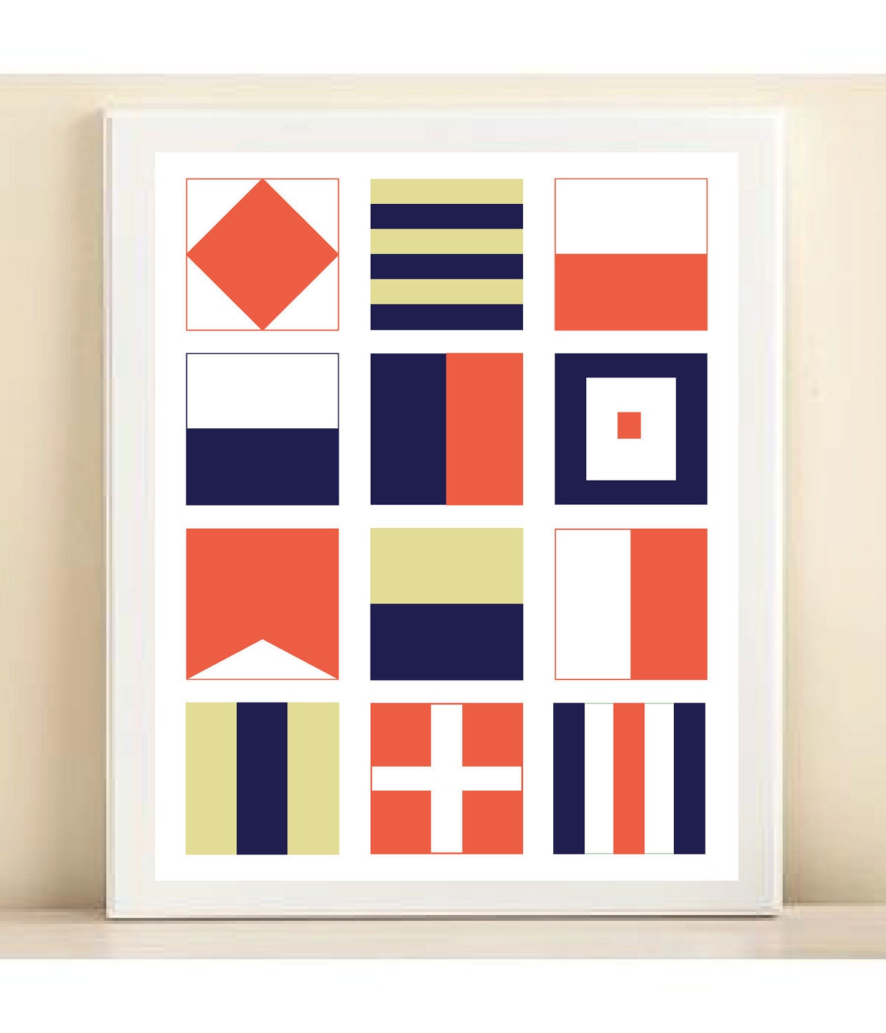 Coral, Navy, and Green 'Nautical Flags" print poster
