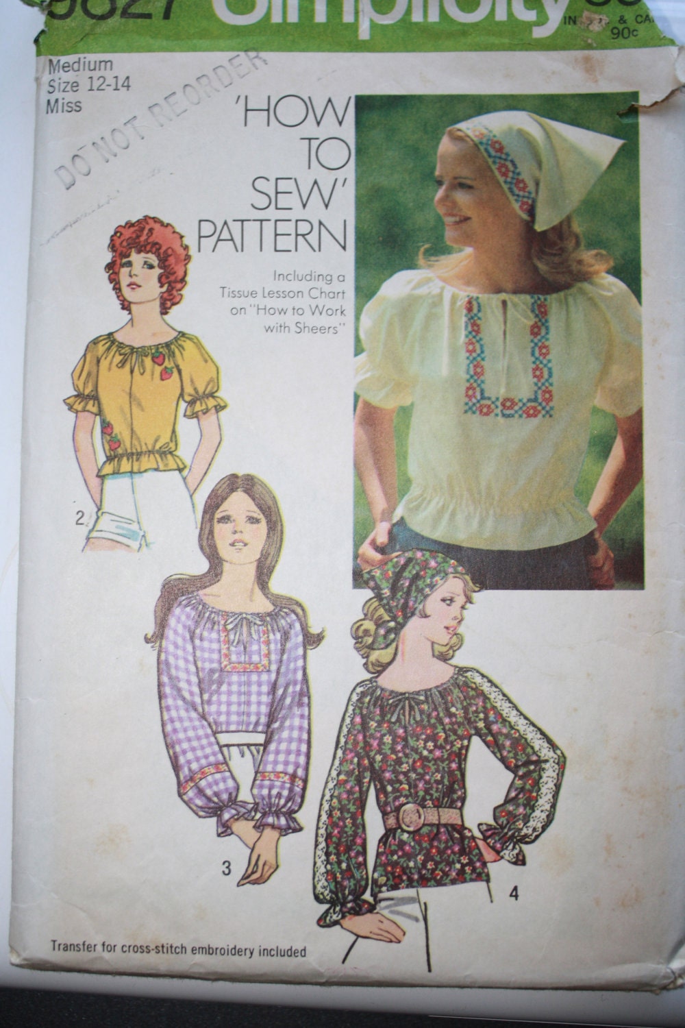 Vintage 1971 Peasant Blouse & Head Scarf Sewing Pattern Simplicity 9827