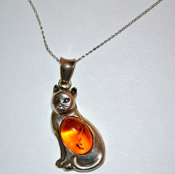 Vintage 1960's Cat PENDANT with Amber Stone, Collectable Item, Lowest Sale Price Plus Free USA Shipping
