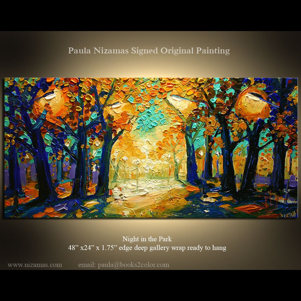 48" x 24" ORIGINAL Abstract Modern Landscape Palette Knife Painting Lights in the Park on Canvas from P. Nizamas