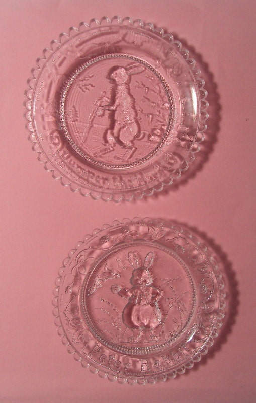 Pairpoint Glass Peter Rabbit -- Jumper the Hare Cup Plates -- Thornton Burgess