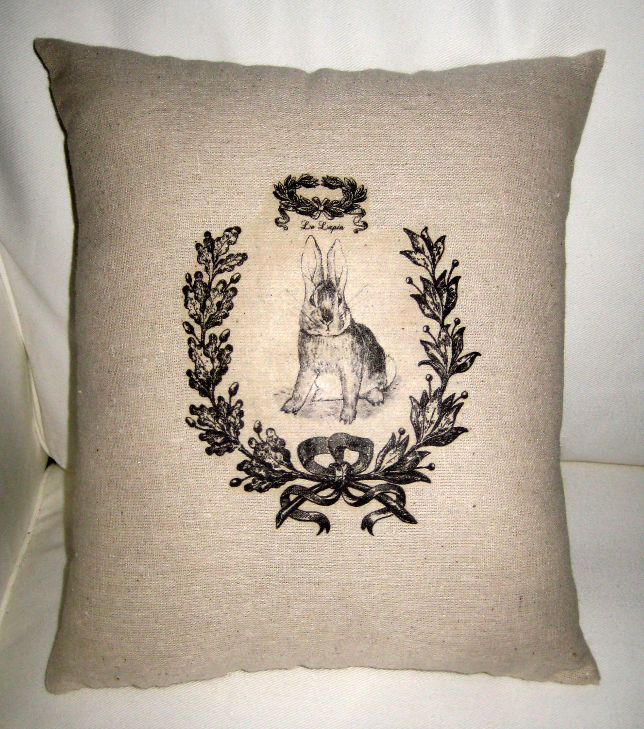 French Country Easter Pillow, Rabbit Cushion with French Words, Paris, Spring, Shabby Chic Neutral Home Decor