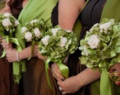Bridesmaids Bouquet with Green Hydrangea and Cream Ivory Roses Set of 5 Mix and real flowers and fabric flowers Il_170x135
