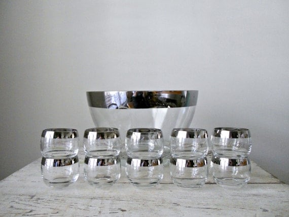 Mid Century Silver Rimmed Bowl and Glasses