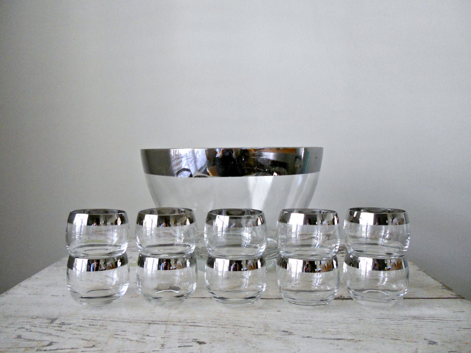 Mid Century Silver Rimmed Bowl and Glasses