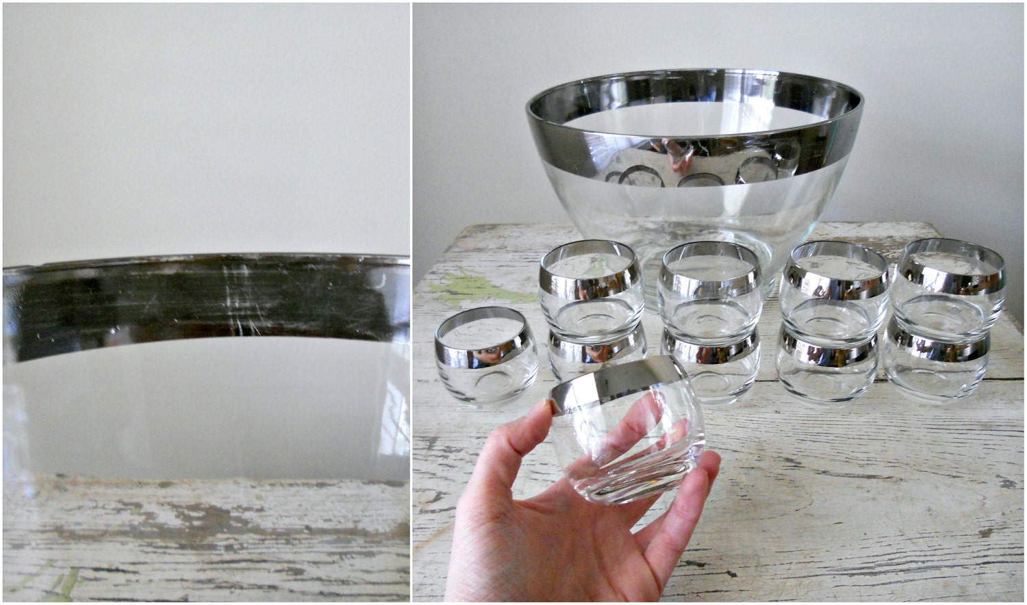 Mid Century Silver Rimmed Bowl and Glasses