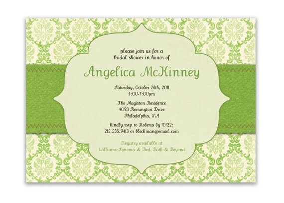 Damask Bridal Shower Invitation Shabby Chic Baby Shower Autumn Wedding Invitation Green Yellow DIY Digital or Printed - Angelica Style