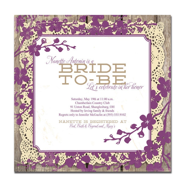 Rustic Bridal Shower Invitation Square Purple Flowers Lace Wood Rustic Wedding Invitation Bride-To-Be Printable or Printed - Nanette Style