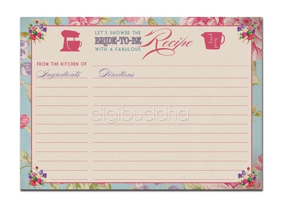 Recipe Card INSTANT DOWNLOAD Bridal Shower Vintage Rose 5x7 DIY Printable or Printed Fill-In Recipe Card Retro Vintage Rose - Jackie Style