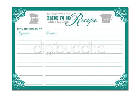 Recipe Card Bridal Shower Teal Aqua Floral 5x7 4x6 3x5 DIY Printable or Printed Fill-In Recipe Card Retro Flowers - Priscilla Style