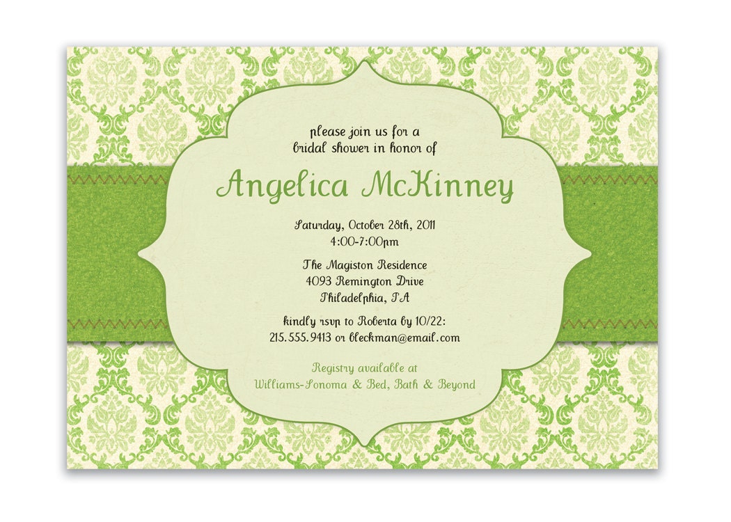 Damask Bridal Shower Invitation Shabby Chic Baby Shower Autumn Wedding Invitation Green Yellow DIY Digital or Printed - Angelica Style