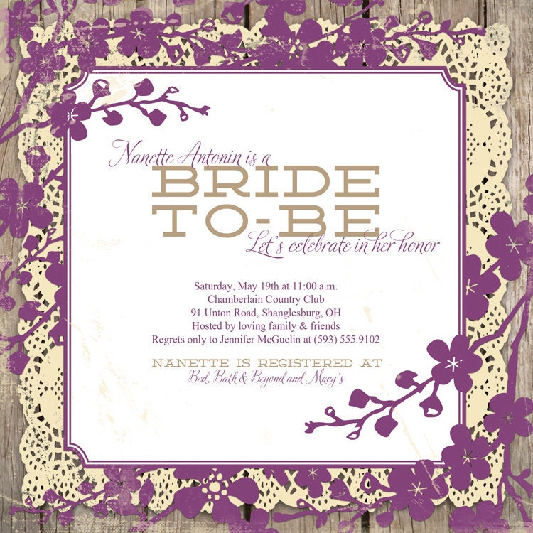 Rustic Bridal Shower Invitation Square Purple Flowers Lace Wood Rustic Wedding Invitation Bride-To-Be Printable or Printed - Nanette Style