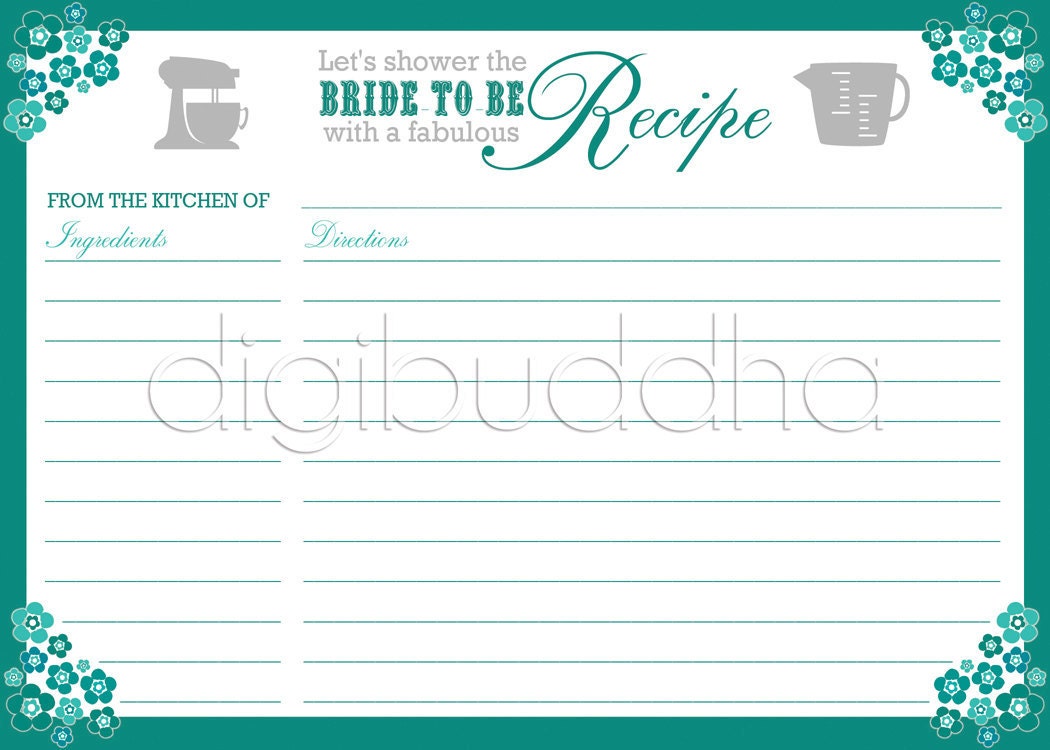 Recipe Card Bridal Shower Teal Aqua Floral 5x7 4x6 3x5 DIY Printable or Printed Fill-In Recipe Card Retro Flowers - Priscilla Style