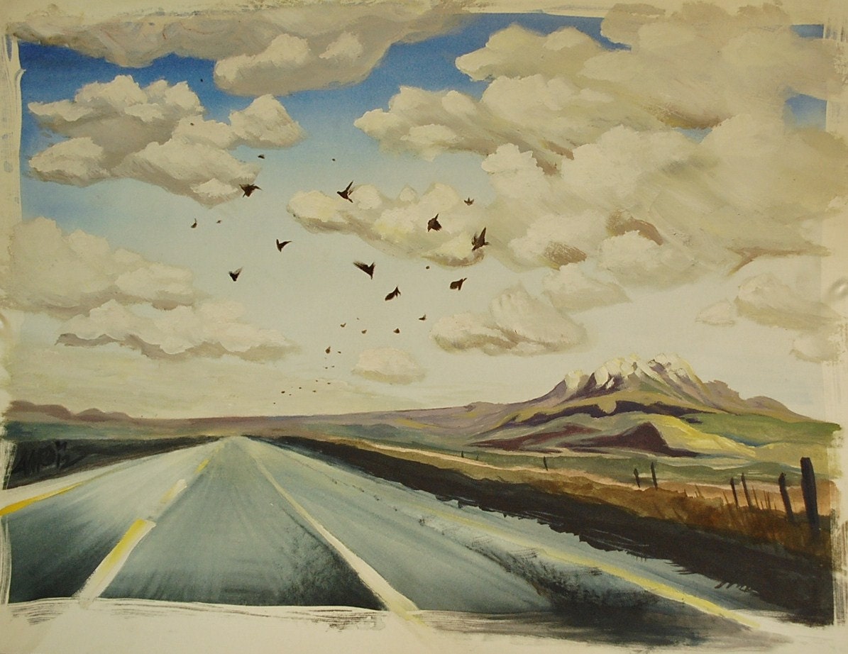 original highway landscape watercolor painting by resonanteyes