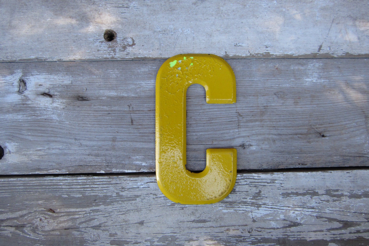 Vintage Metal Chippy Letter C Sign Painted Sign Antique Marquee Rusted Metal Yellow