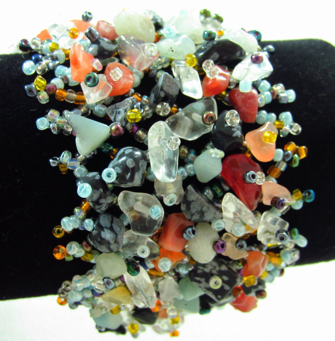 STUNNING Blue Kaleidoscope Multi Color Stones Beaded Cuff Bracelet Beach Wedding, FREE SHIPPING