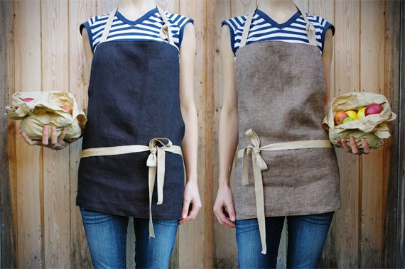 Handmade reversible full short linen apron Latte and Dark Chocolate