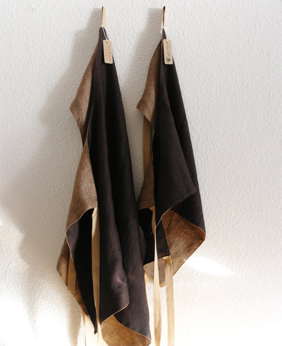 Handmade reversible full short linen apron Latte and Dark Chocolate