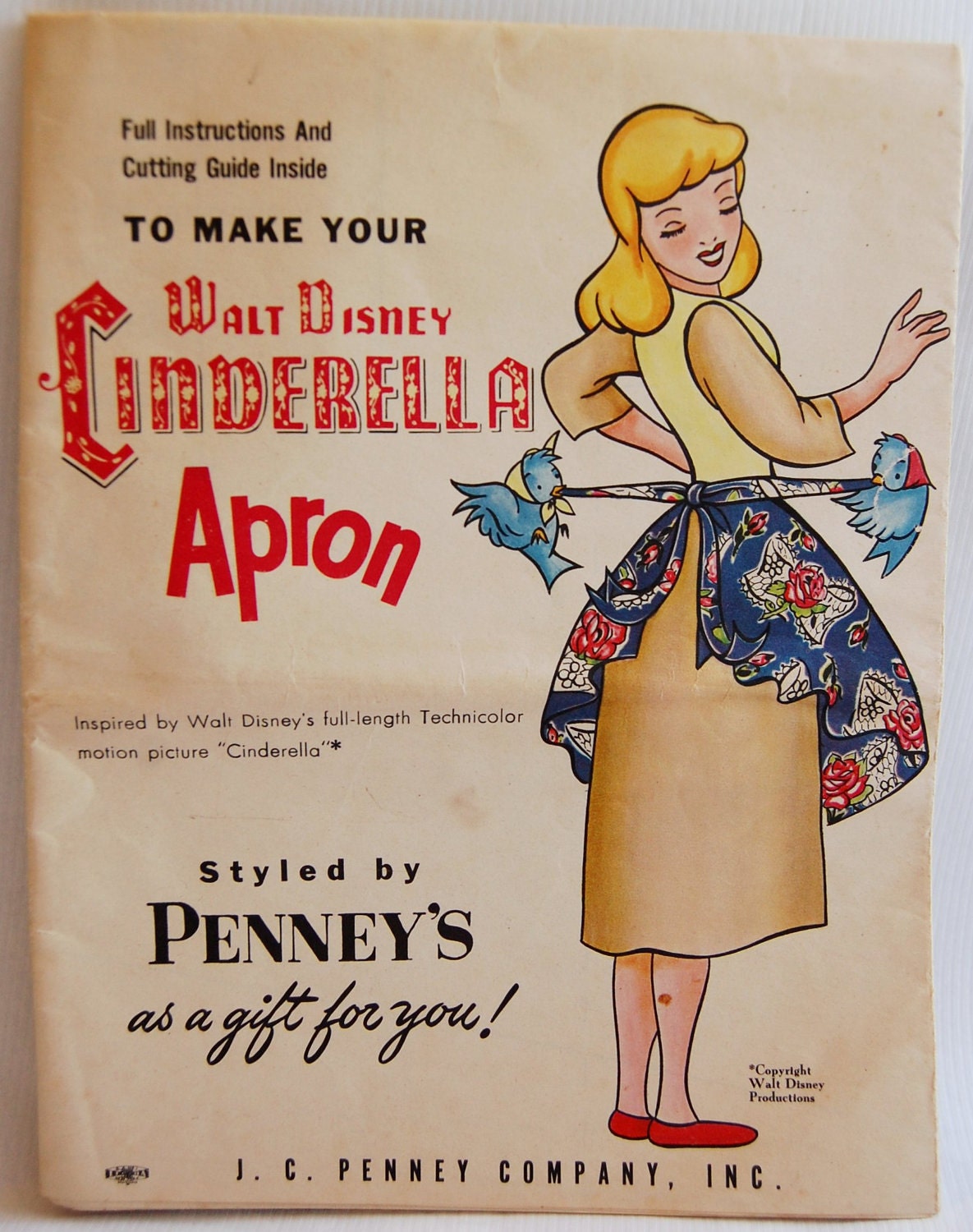 Vintage 1950 Walt Disney Cinderella Apron Sewing Pattern by J.C. Penney