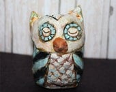 owl Folk Art clay sculpture primitive style  antique finish for halloween decor