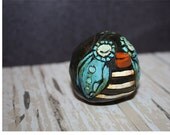 OWL - folk art miniature cute clay sculpture black with blue wings and striped belly
