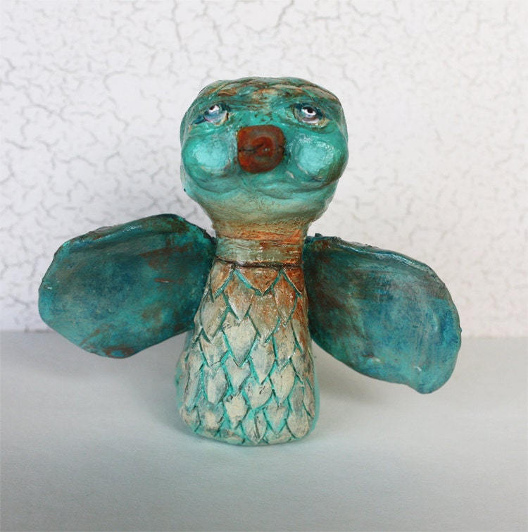 Folk art primitive BIRD -  blue original clay sculpture home decor