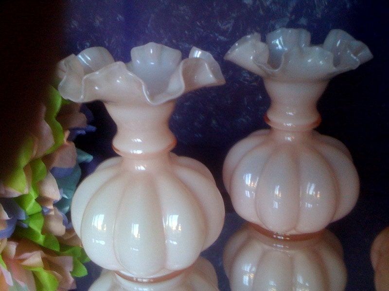 RESERVED FOR MAURA. 2 Fenton Pink Milk Glass flower vases.