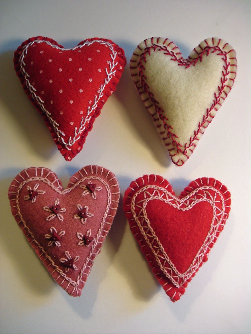 Set II, Valentine Folk Art, Hand-Sewn, Embroidered Felt Heart Bowl-Fillers or Ornaments