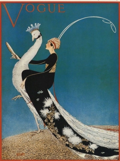 Art Deco Art Print from Vogue of Woman and White Peacock--Featured in 10 Etsy Treasuries