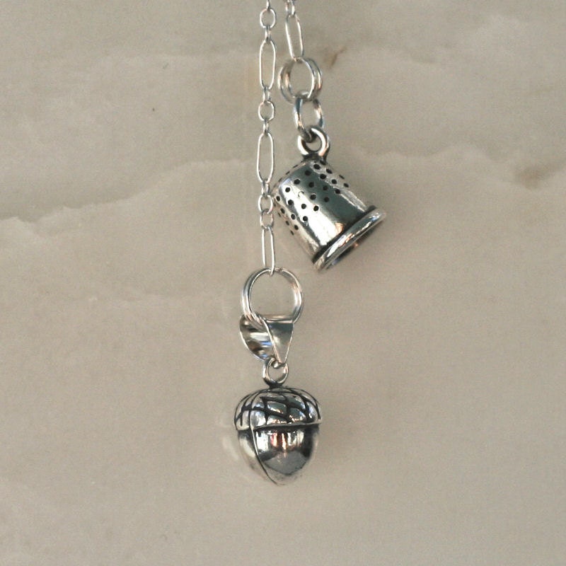 Peter Pan Kiss Necklace with Acorn and Thimble Charms in Solid Sterling Silver