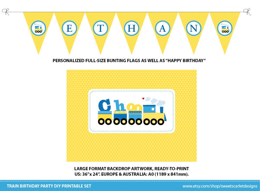 TRAIN Birthday Party Printable Set - Train Invitations, Cupcake Toppers, Party Banner, Backdrop & more