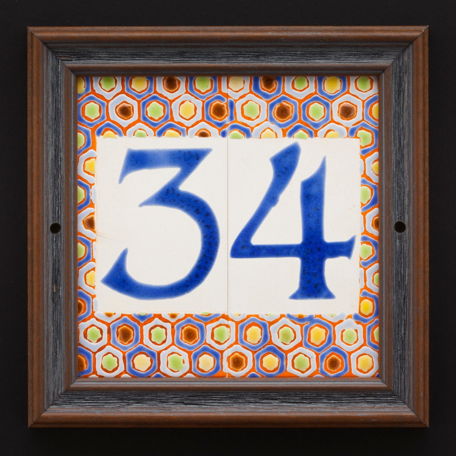 Double digit address tiles-Papaya shown with slate frame