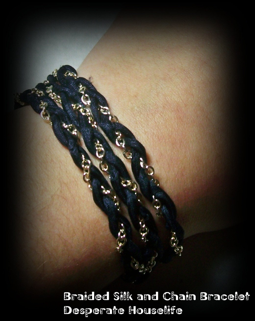 Braided Black Ribbon and Silver Chain Wrap Bracelet