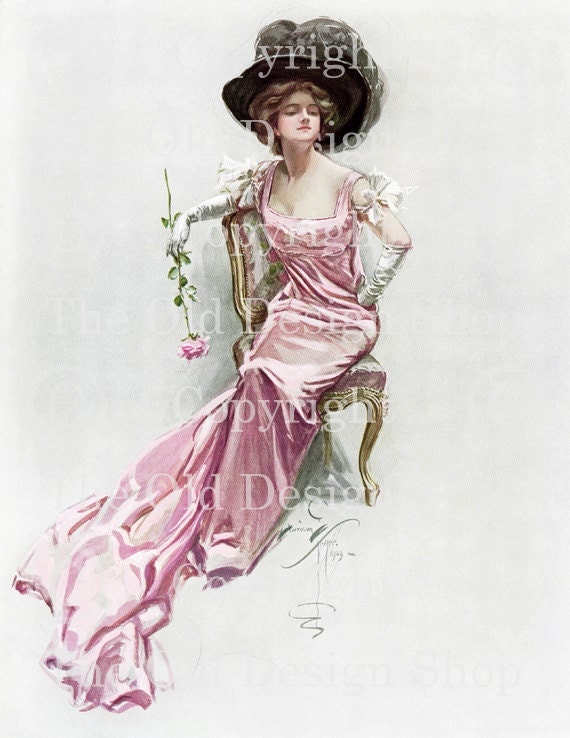 ROSES Harrison Fisher Victorian Lady in Pink Dress Image for Card Making Altered Art Mixed Media Digital Download