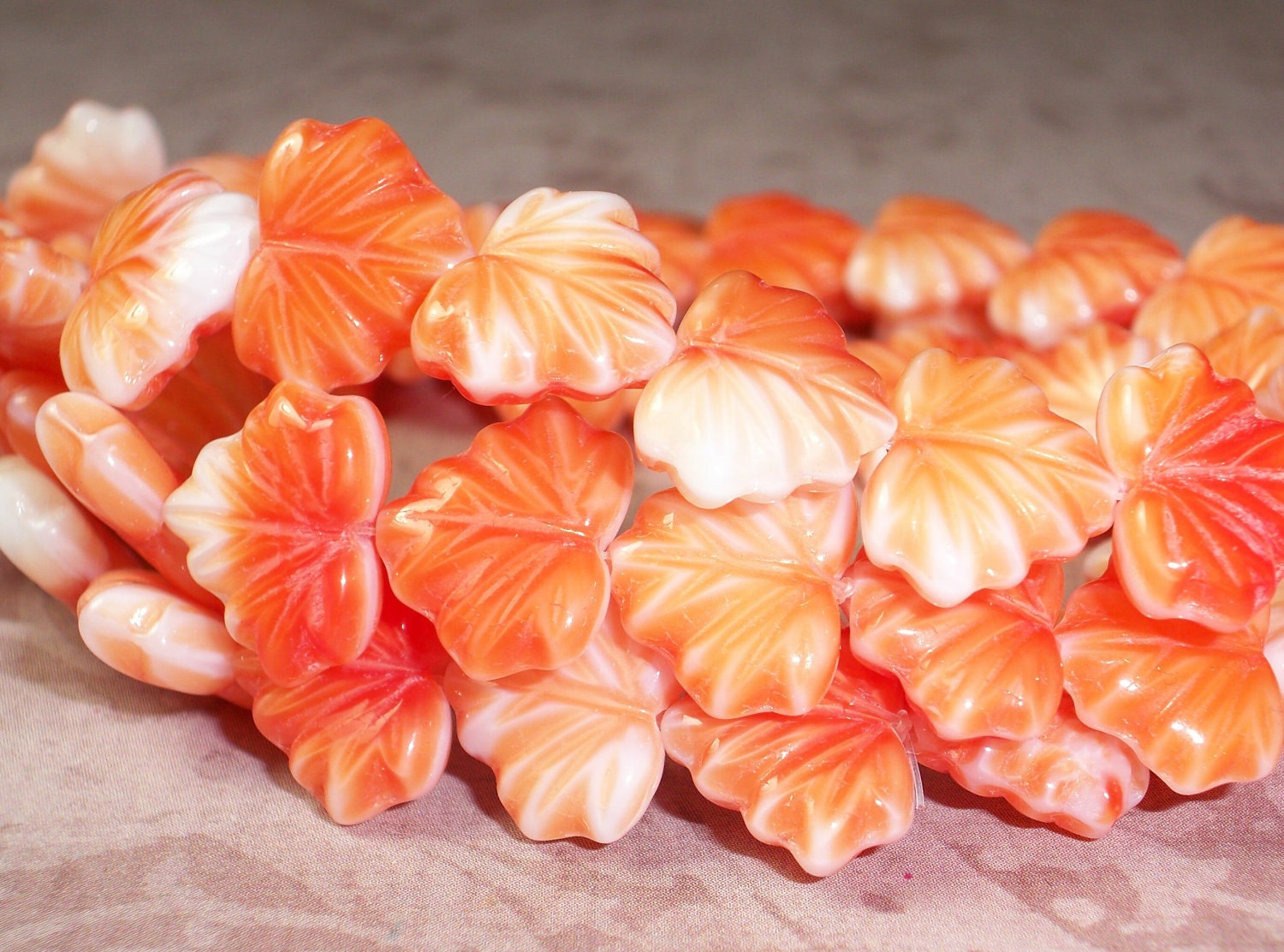 Orange Maple Leaf 10x13mm Bead Czech Glass White ORANGE SHERBET (10)