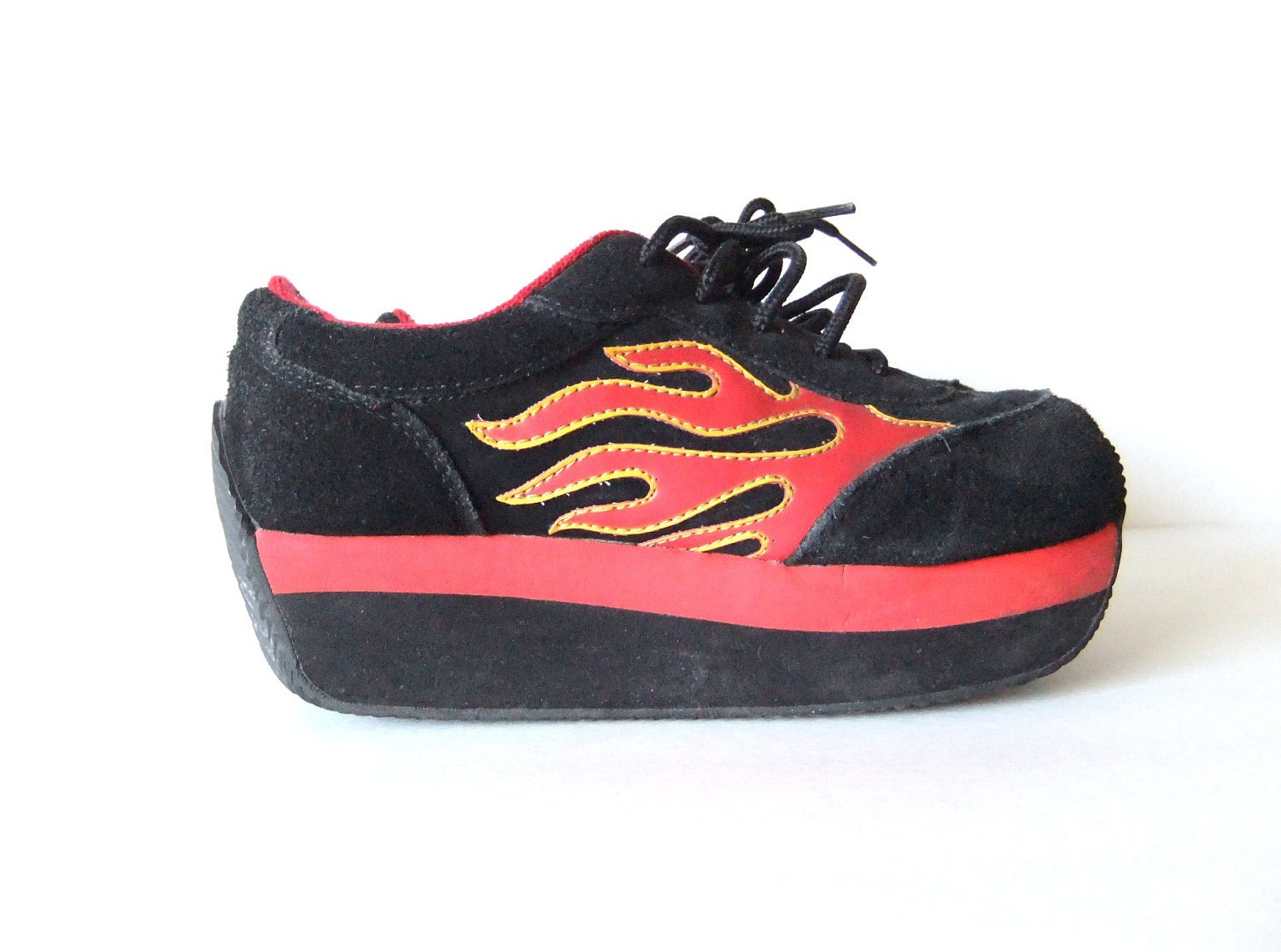 black suede platform sneakers, flatforms, flames, wedges, US 7