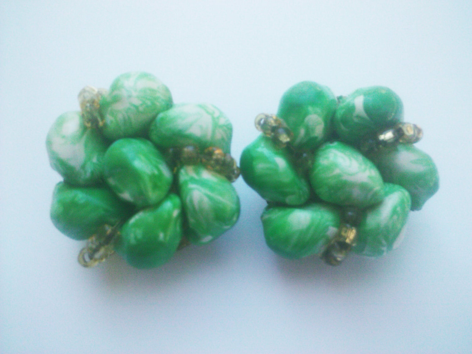 Vintage 1960s Earrings/ Green/ Mod/ Cluster Clip/ Signed "HONG KONG"/ Mad Men