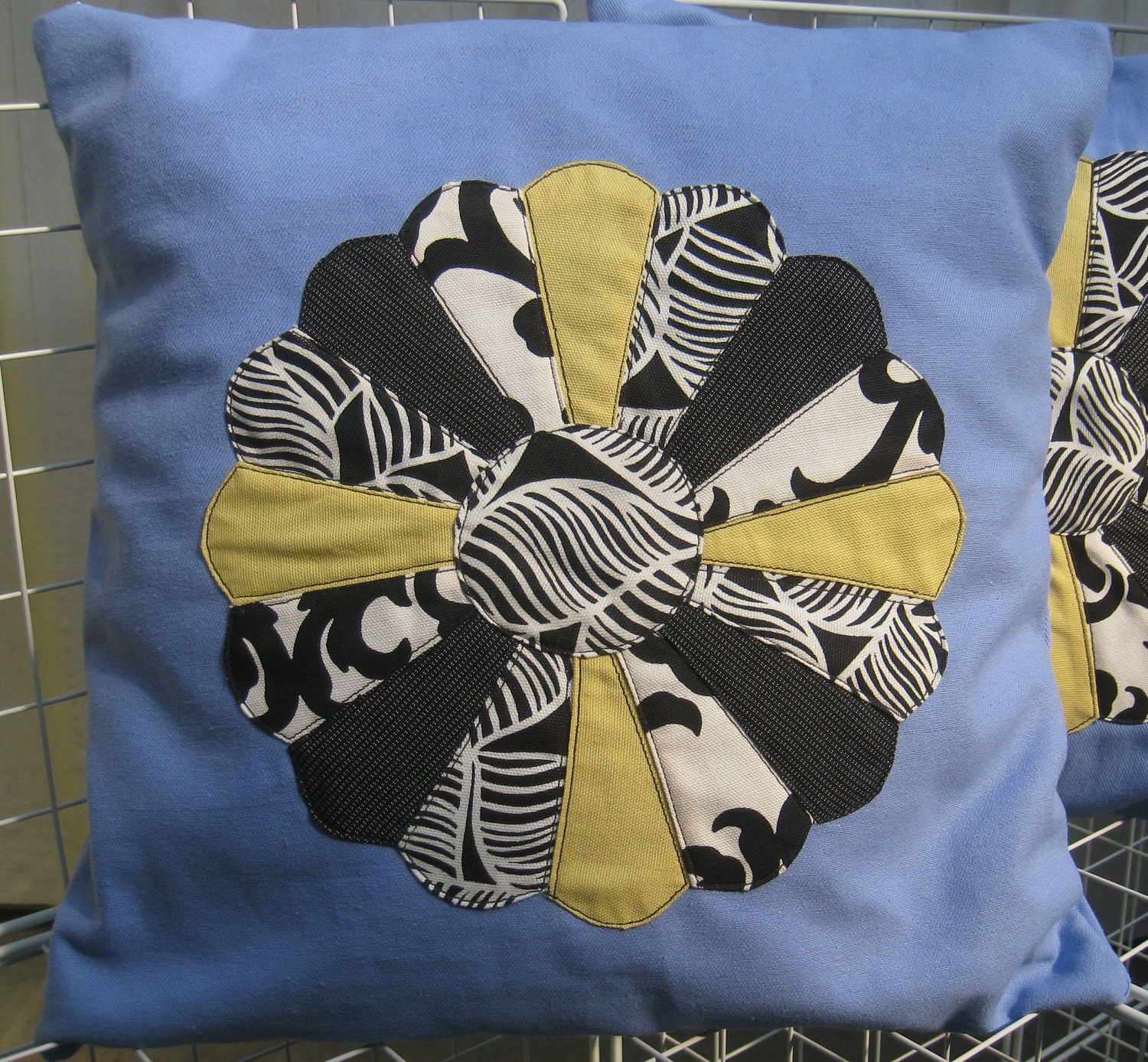 Round Dresden Flower Throw Pillow Cover 16"x16" with Black & White, Yellow Flower Leaves Appliqued on Blue Cotton Home Decor Fabric