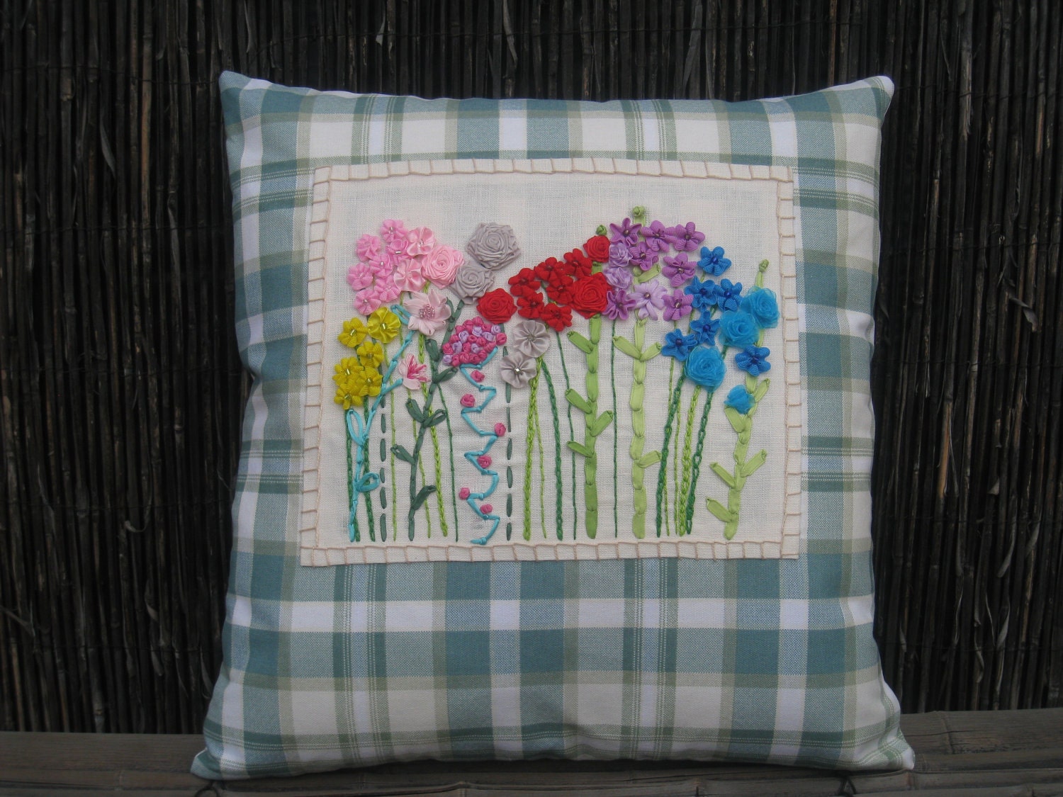 Whimsical Garden Flowers Throw Pillow Cover 18"x18", Ribbon Embroidery with Beads & Yarn, Zipper in Back, Linen on Plaid Cotton