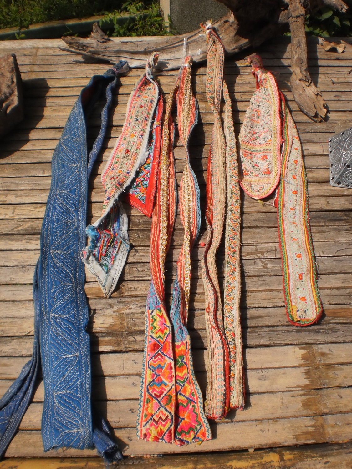 Vintage Hmong Old Fabric Embroided Tribal Pieces 5 Straps ( 10 pieces)