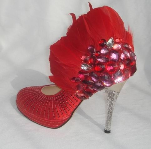 Hand sewing princess crystal shoes wedding shoes high heel with feather red