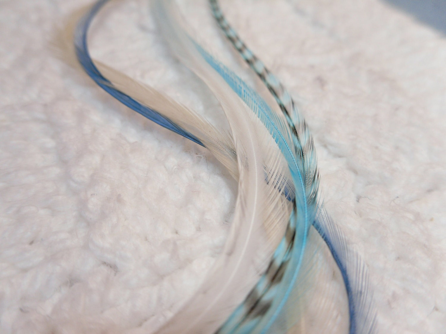 Ice Princess Feathers For Hair, Grizzly Blue White Pale Winter Blues, Extra Long Custom Bonded Feather Extension