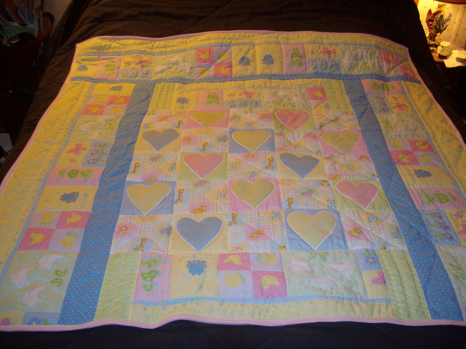 Pastel Animals & Applique Hearts w/ blue fleece back appr. 50 in. square
