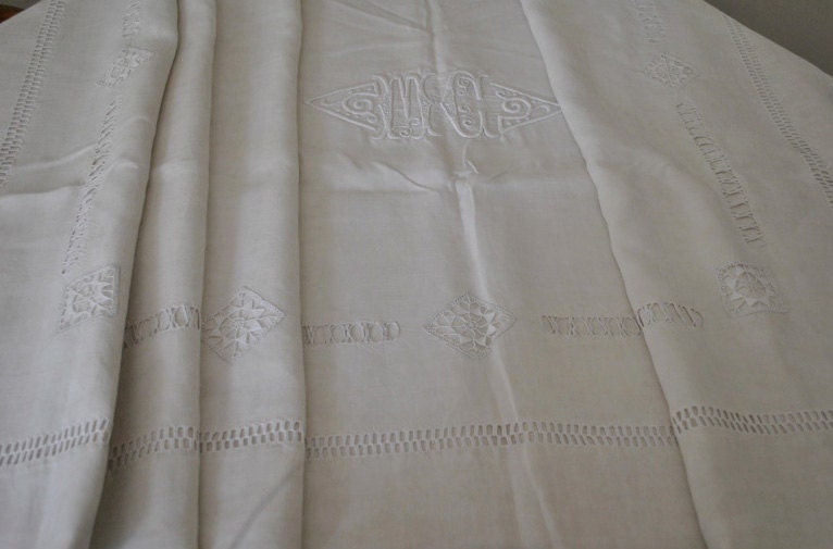 Gorgeous Antique French Antique linen sheet MC mono Bourdon point