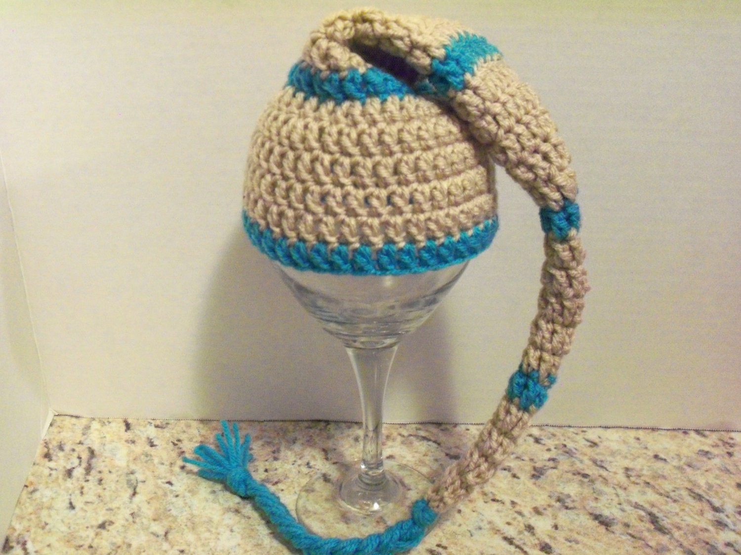 Elf hat, newborn. Aqua/blue and tan. Photo prop